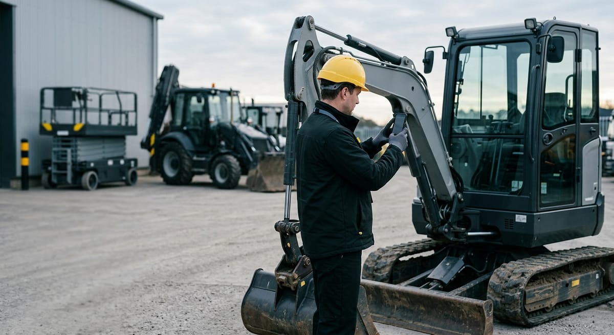 Agent photographing a mini excavator at handover in an equipment yard