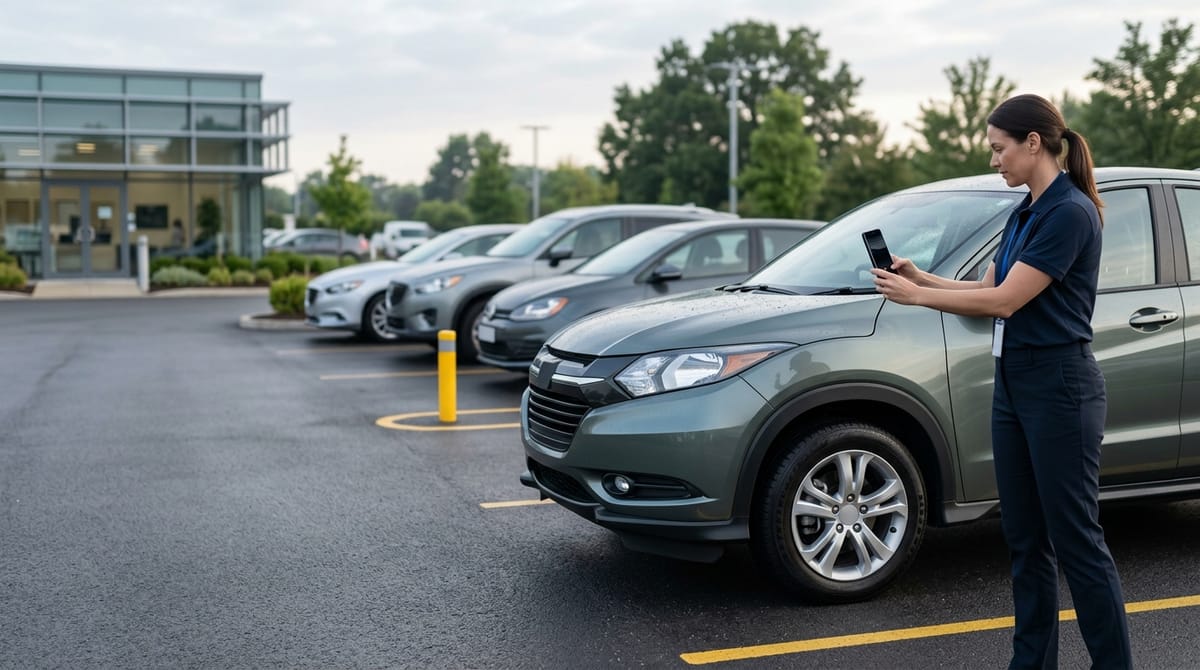 Agent photographing a car at handover in a rental car park